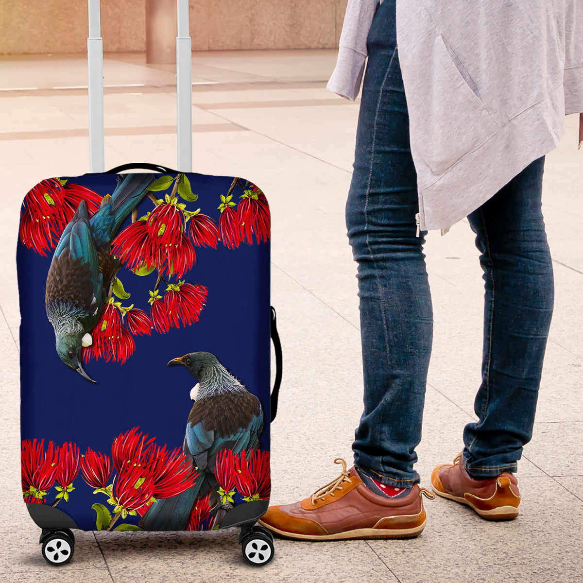 New Zealand Pohutukawa with Tui Birds Luggage Cover Version 2 LT7 Blue - Polynesian Pride