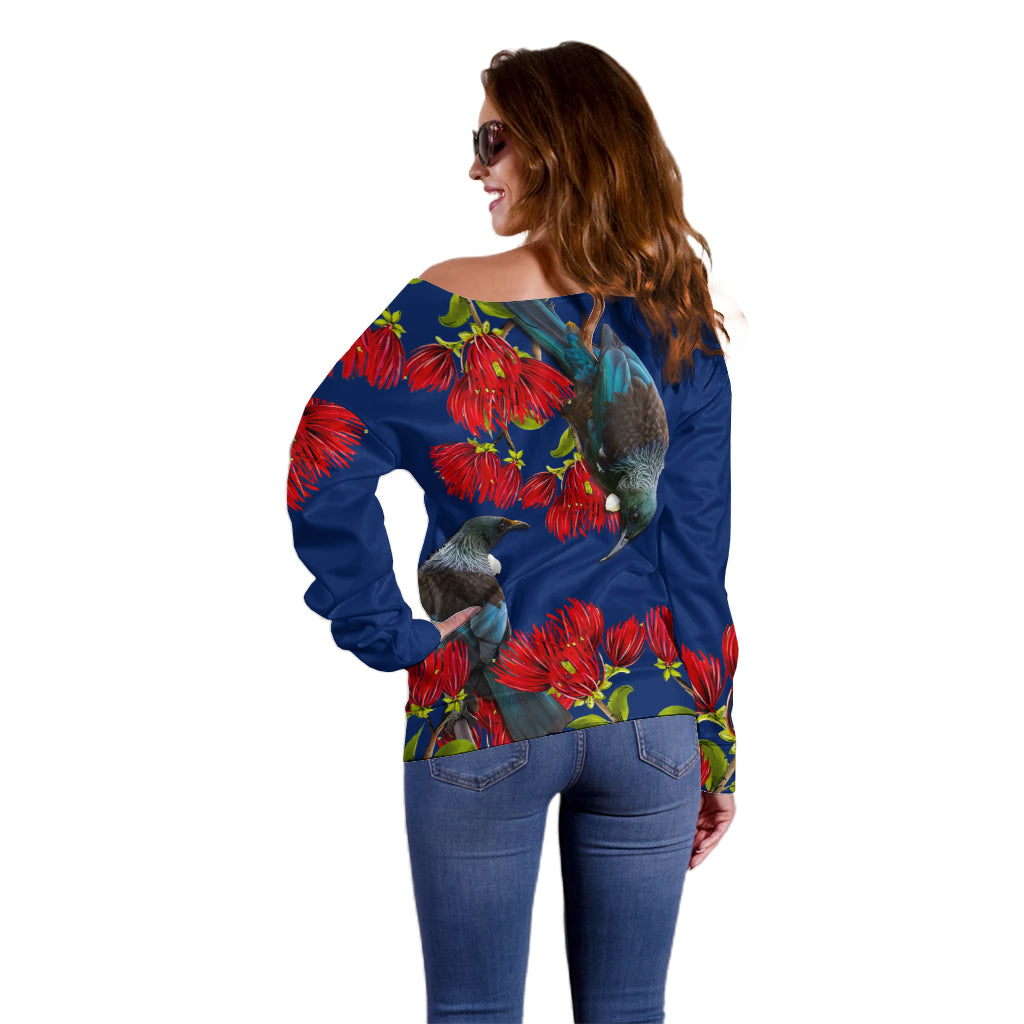 New Zealand Pohutukawa with Tui Birds Off Shoulder Sweater Version 2 LT7 - Polynesian Pride