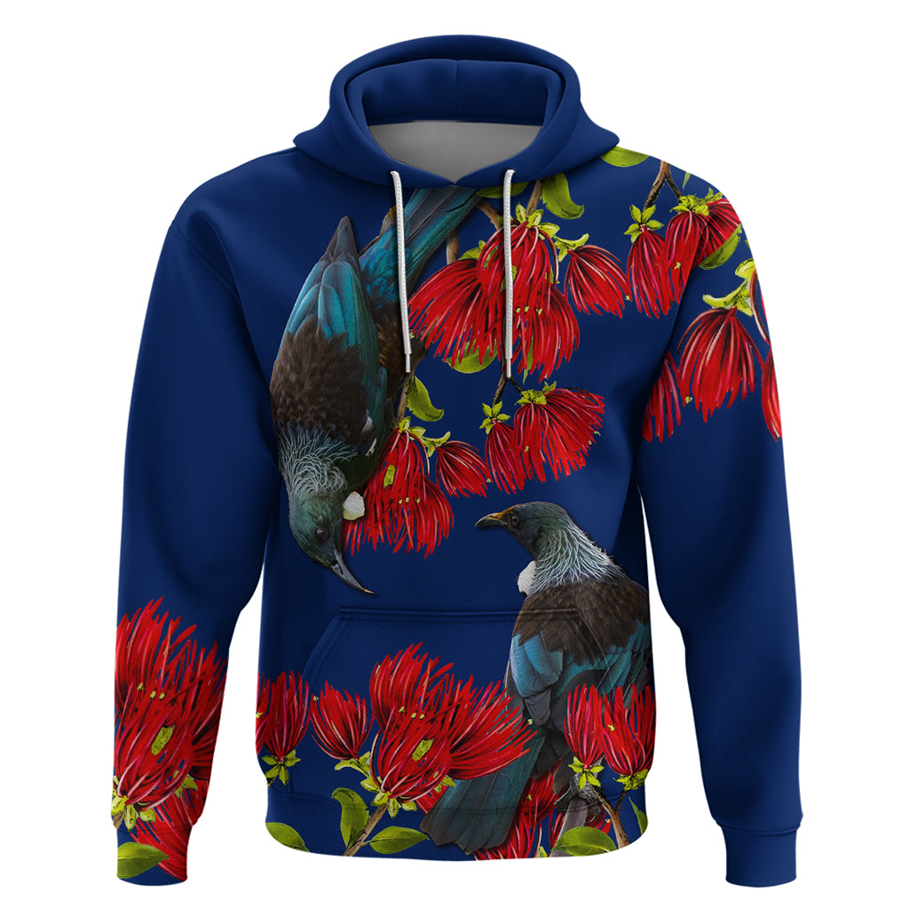 New Zealand Pohutukawa with Tui Birds Zip Hoodie Version 2 LT7 Pullover Hoodie Blue - Polynesian Pride