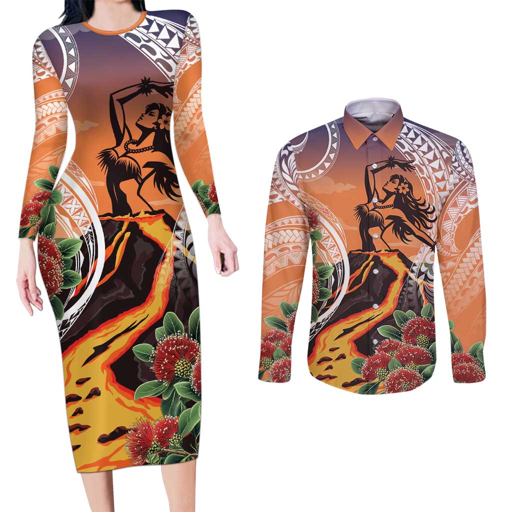 Hawaii Women's Day Tribal Couples Matching Long Sleeve Bodycon Dress and Long Sleeve Button Shirt Pele Honua Mea