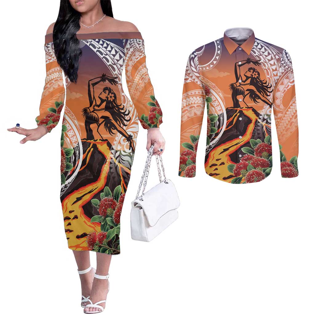 Hawaii Women's Day Tribal Couples Matching Off The Shoulder Long Sleeve Dress and Long Sleeve Button Shirt Pele Honua Mea