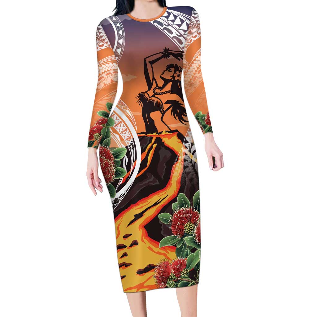 Hawaii Women's Day Tribal Long Sleeve Bodycon Dress Pele Honua Mea