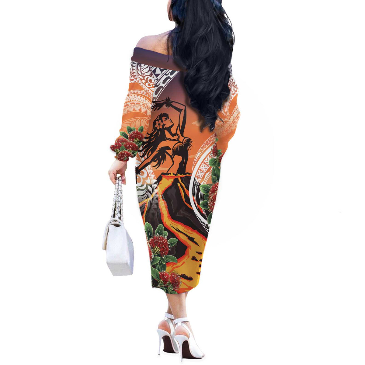 Hawaii Women's Day Tribal Off The Shoulder Long Sleeve Dress Pele Honua Mea LT7 - Polynesian Pride