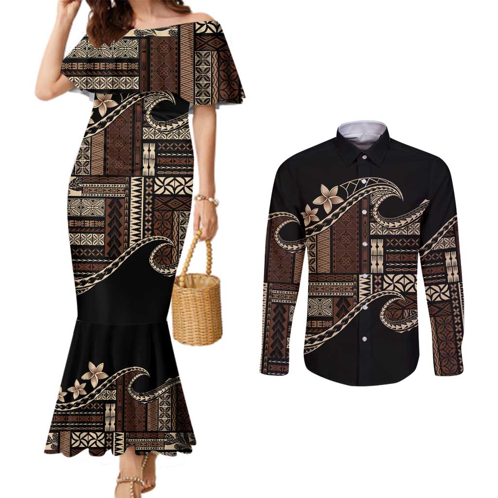 Samoa Siapo Mamanu Couples Matching Mermaid Dress and Long Sleeve Button Shirt Waves Motifs