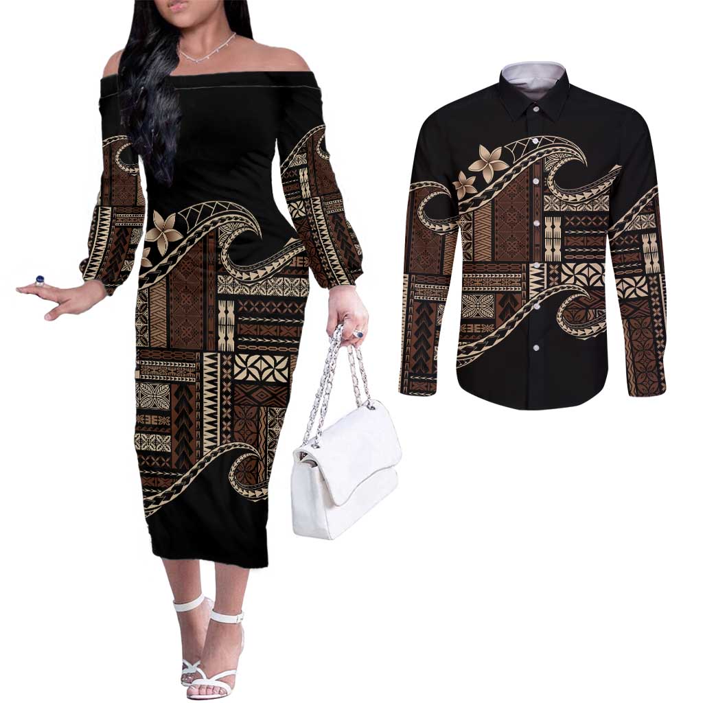 Samoa Siapo Mamanu Couples Matching Off The Shoulder Long Sleeve Dress and Long Sleeve Button Shirt Waves Motifs