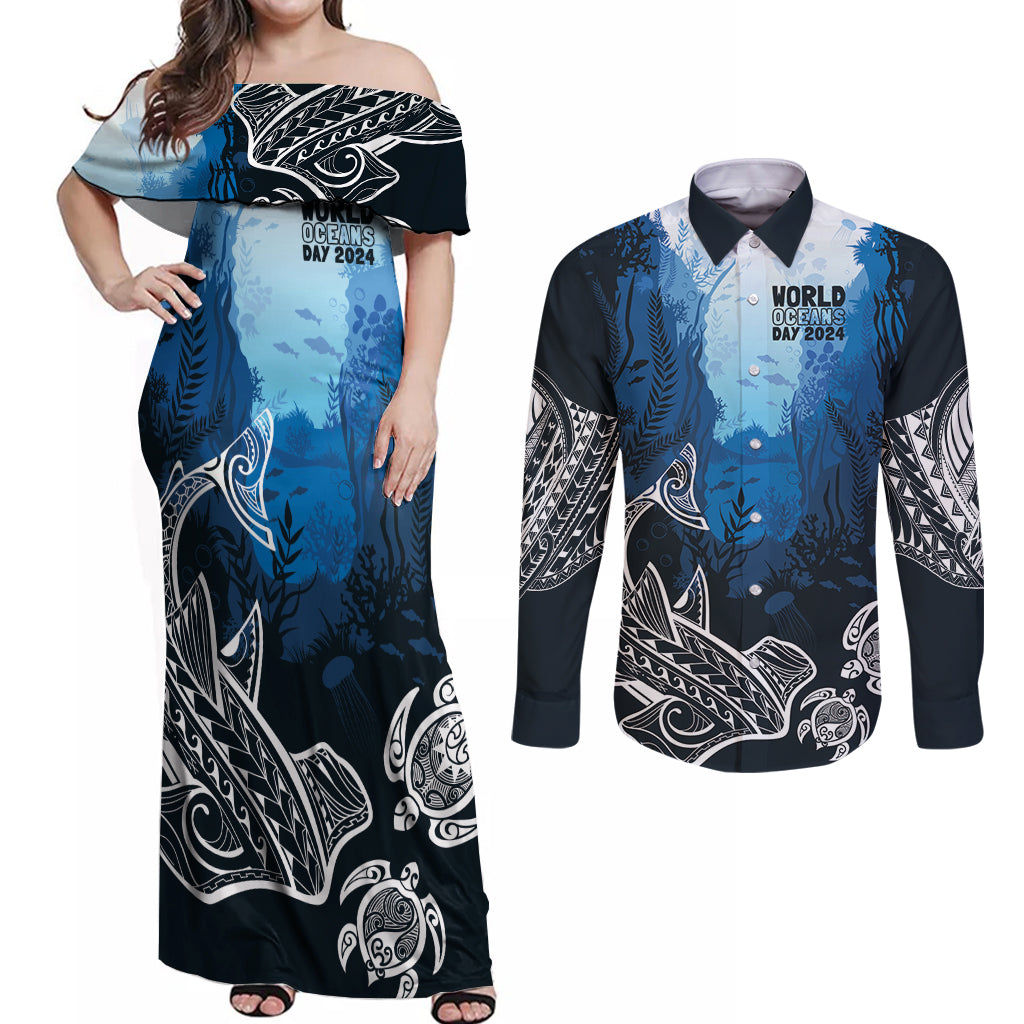 World Ocean Day Pasifika Couples Matching Off Shoulder Maxi Dress and Long Sleeve Button Shirt Awaken New Depths LT7 Blue - Polynesian Pride