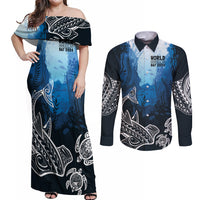 World Ocean Day Pasifika Couples Matching Off Shoulder Maxi Dress and Long Sleeve Button Shirt Awaken New Depths LT7 Blue - Polynesian Pride