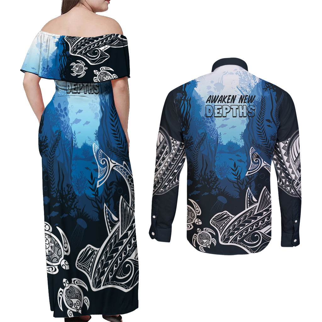 World Ocean Day Pasifika Couples Matching Off Shoulder Maxi Dress and Long Sleeve Button Shirt Awaken New Depths LT7 - Polynesian Pride