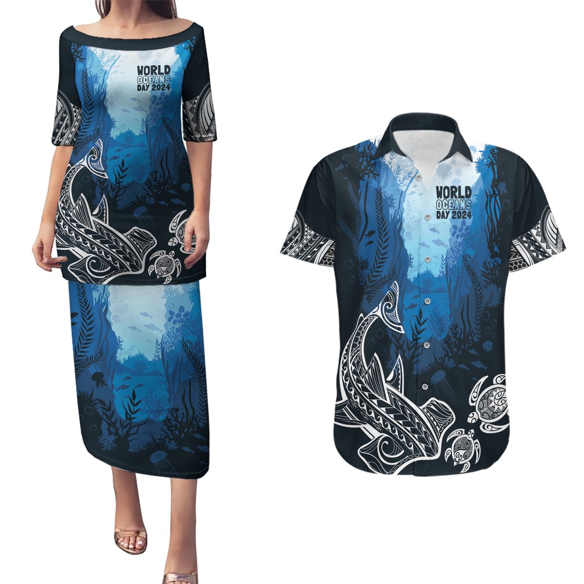World Ocean Day Pasifika Couples Matching Puletasi and Hawaiian Shirt Awaken New Depths LT7 Blue - Polynesian Pride