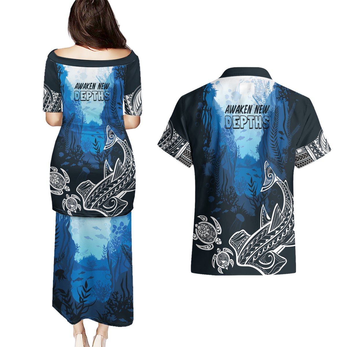 World Ocean Day Pasifika Couples Matching Puletasi and Hawaiian Shirt Awaken New Depths LT7 - Polynesian Pride
