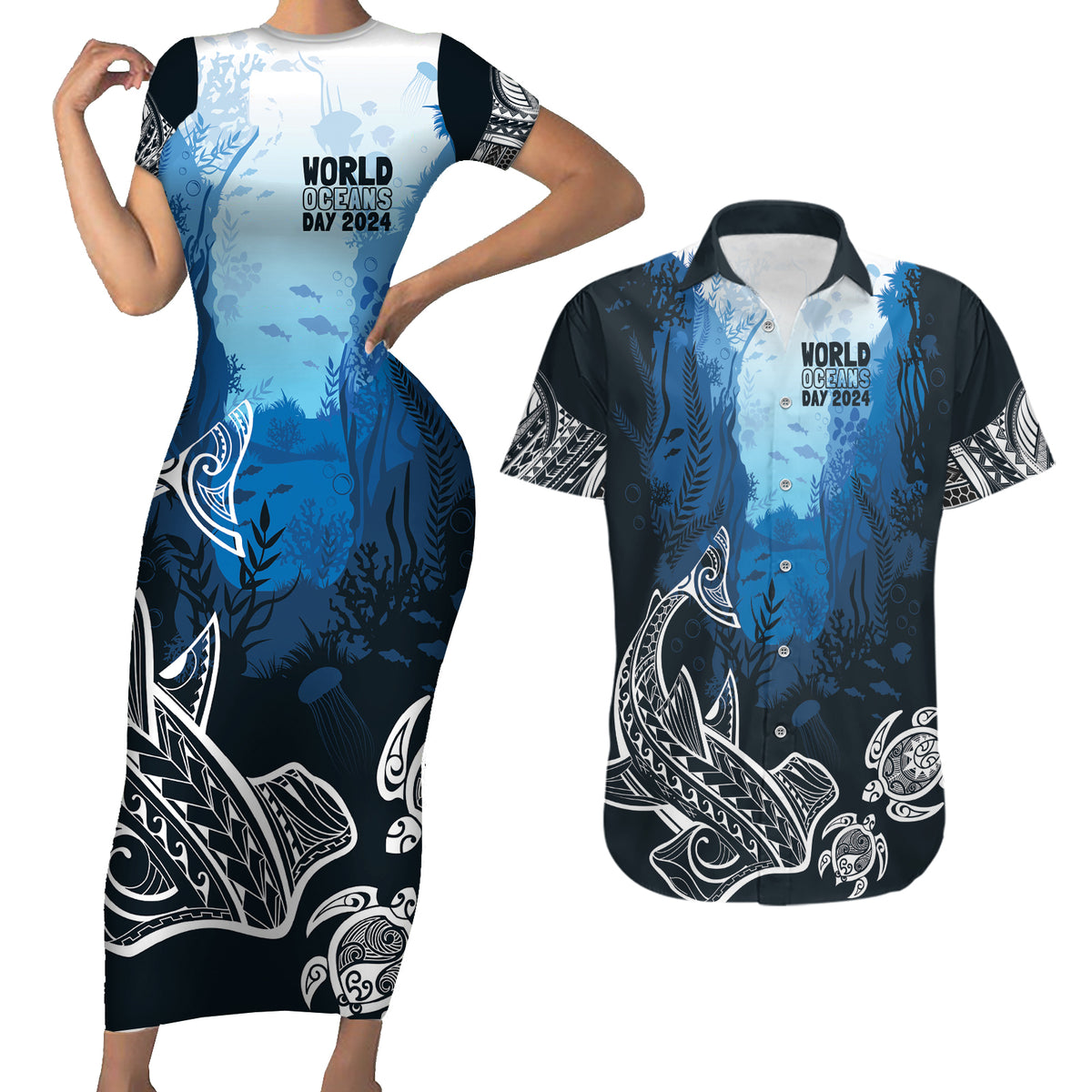 World Ocean Day Pasifika Couples Matching Short Sleeve Bodycon Dress and Hawaiian Shirt Awaken New Depths LT7 Blue - Polynesian Pride
