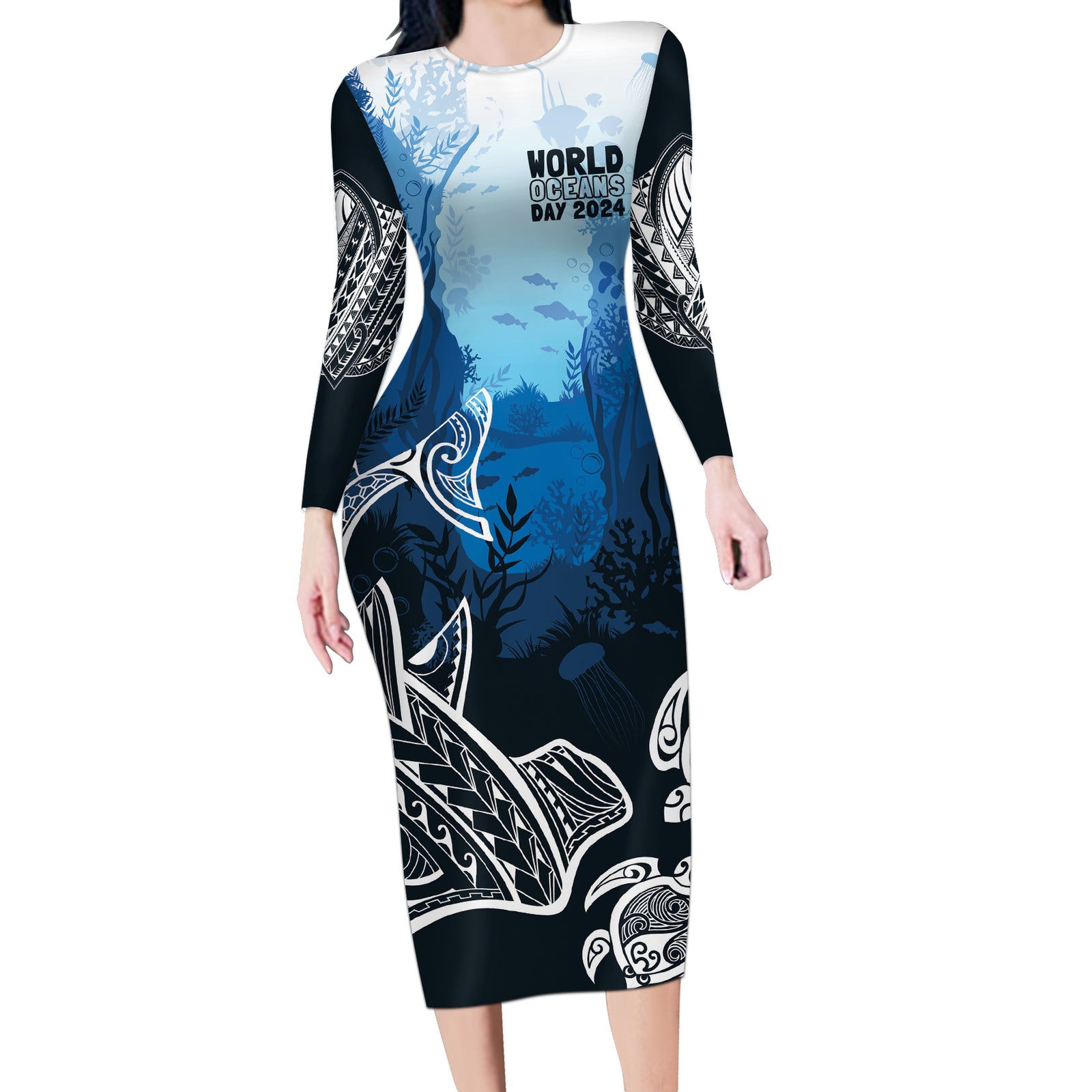 World Ocean Day Pasifika Long Sleeve Bodycon Dress Awaken New Depths LT7 Long Dress Blue - Polynesian Pride