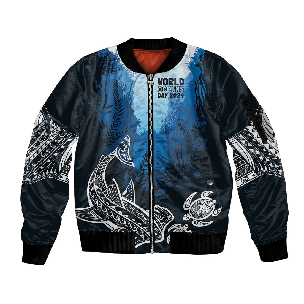 World Ocean Day Pasifika Sleeve Zip Bomber Jacket Awaken New Depths LT7 Unisex Blue - Polynesian Pride