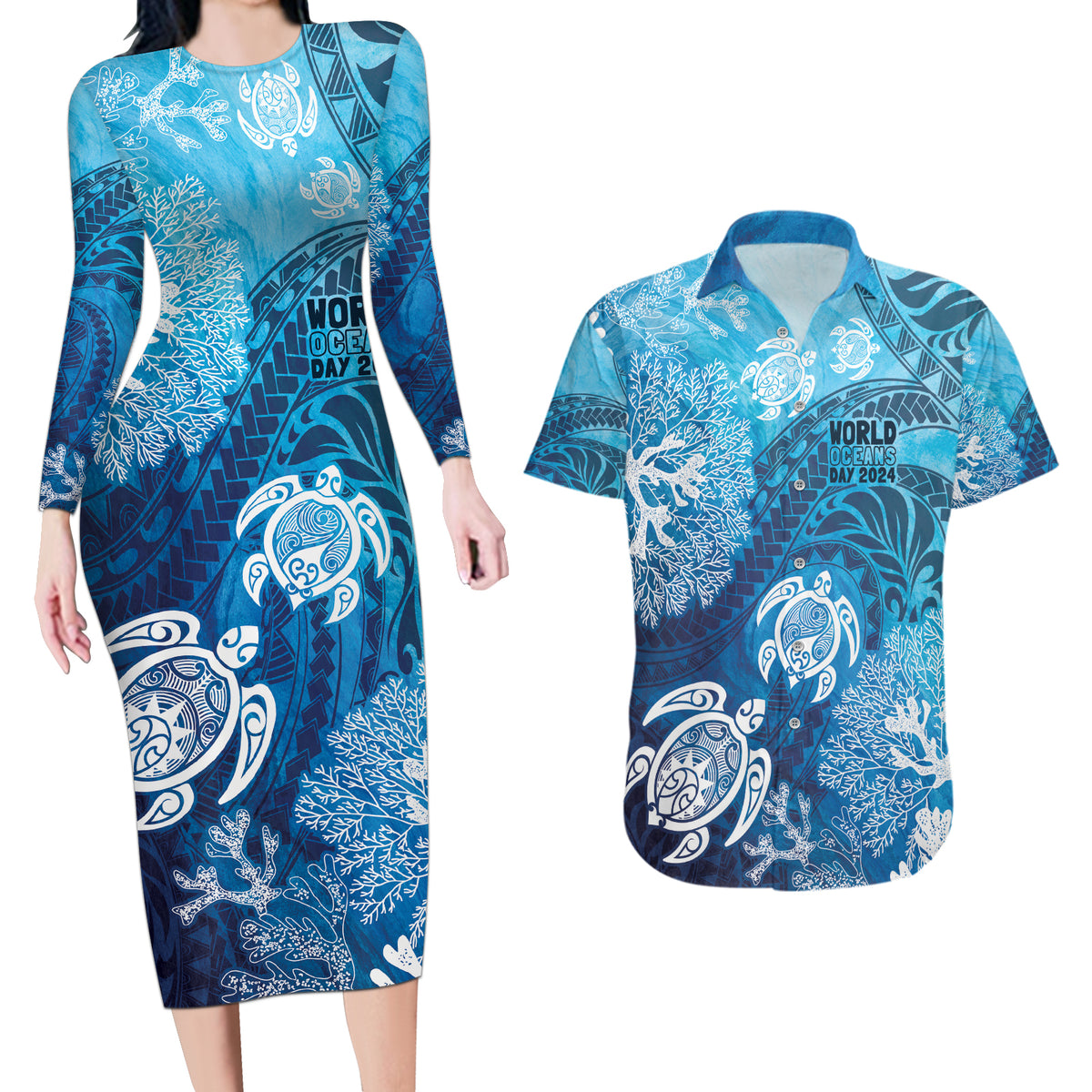 Hawaii World Ocean Day Couples Matching Long Sleeve Bodycon Dress and Hawaiian Shirt Kakau Turtles LT7 Blue - Polynesian Pride