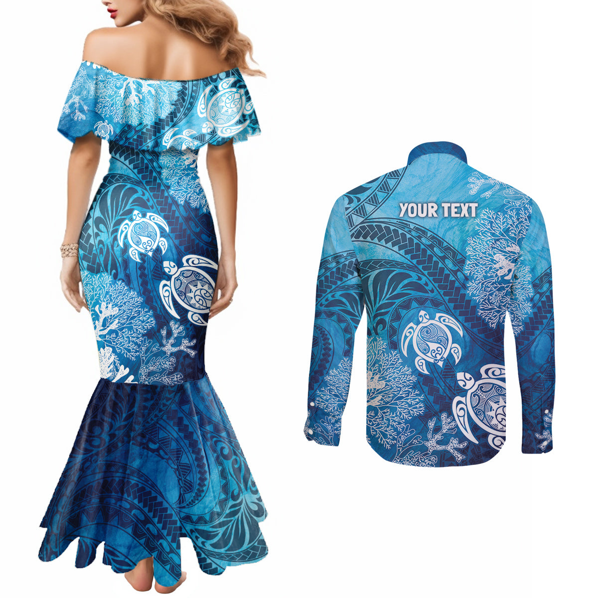 Hawaii World Ocean Day Couples Matching Mermaid Dress and Long Sleeve Button Shirt Kakau Turtles