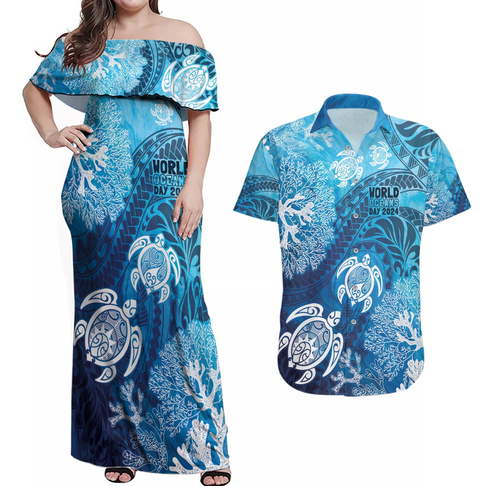 Hawaii World Ocean Day Couples Matching Off Shoulder Maxi Dress and Hawaiian Shirt Kakau Turtles