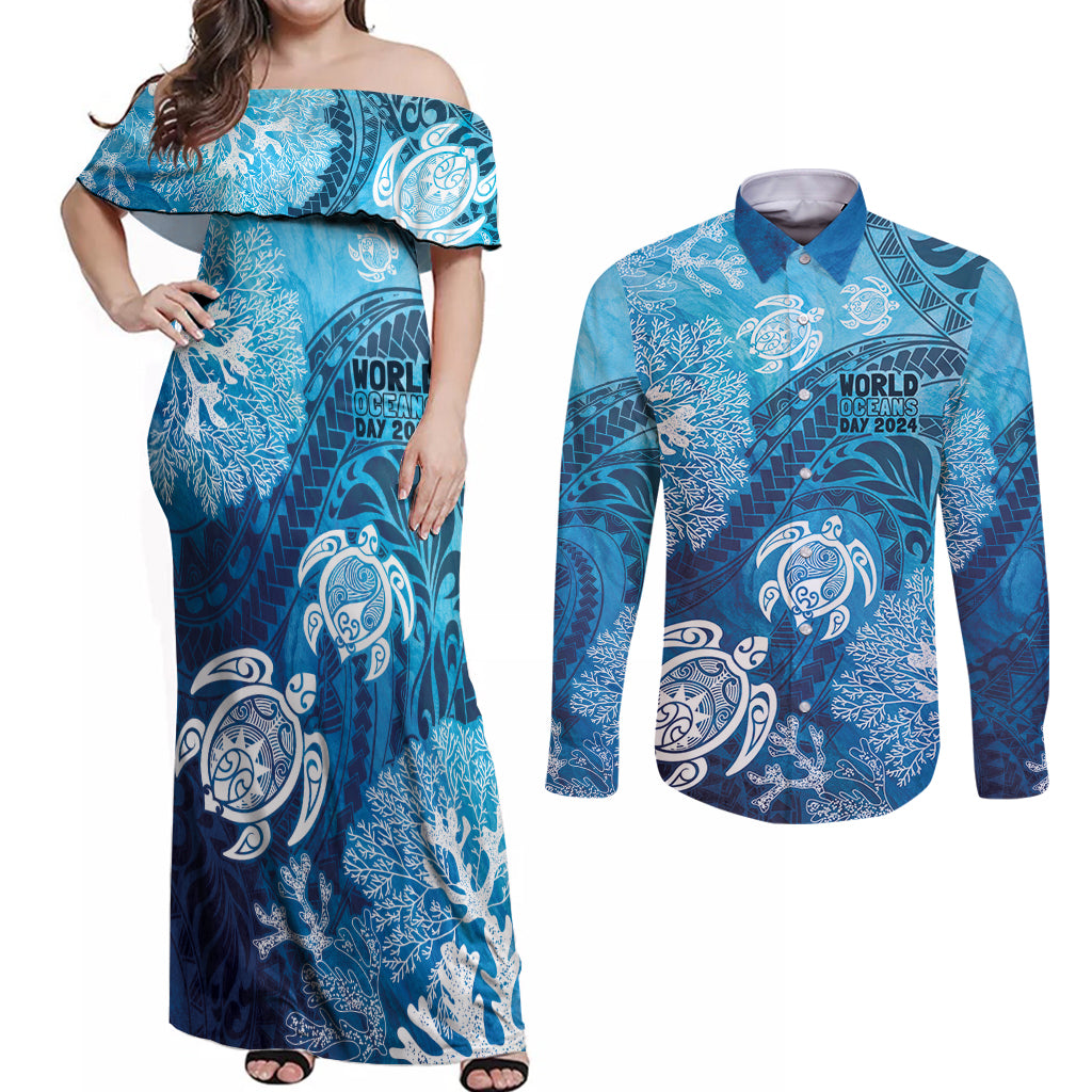 Hawaii World Ocean Day Couples Matching Off Shoulder Maxi Dress and Long Sleeve Button Shirt Kakau Turtles
