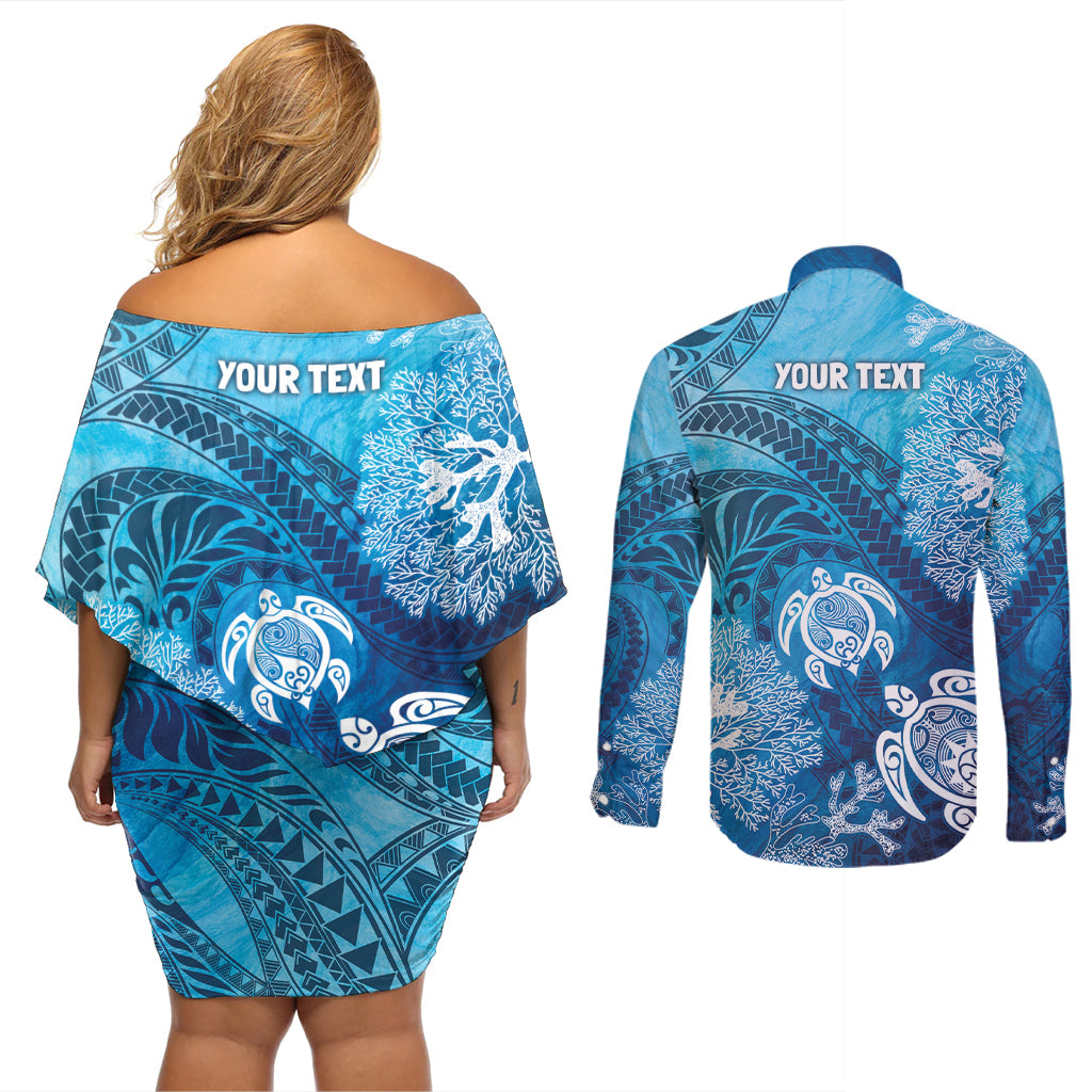 Hawaii World Ocean Day Couples Matching Off Shoulder Short Dress and Long Sleeve Button Shirt Kakau Turtles