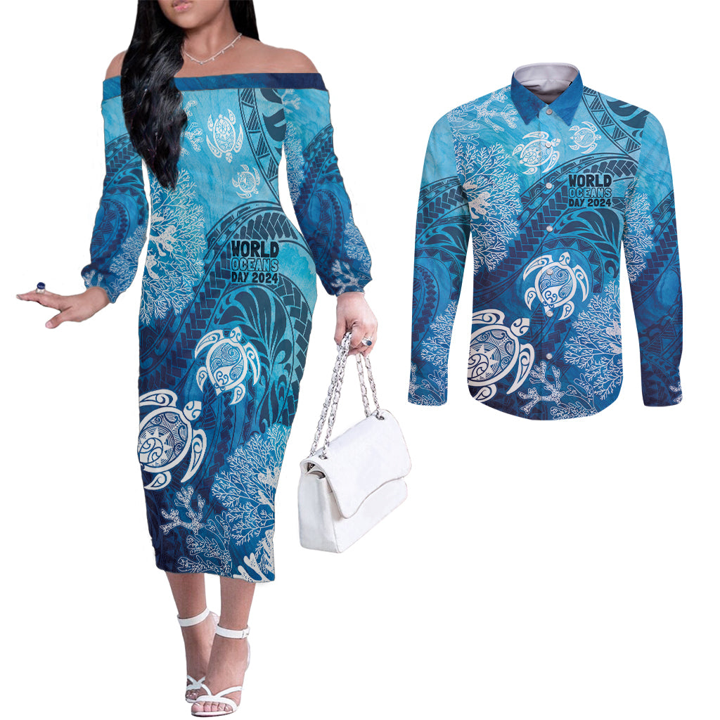 Hawaii World Ocean Day Couples Matching Off The Shoulder Long Sleeve Dress and Long Sleeve Button Shirt Kakau Turtles