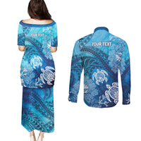 Hawaii World Ocean Day Couples Matching Puletasi and Long Sleeve Button Shirt Kakau Turtles