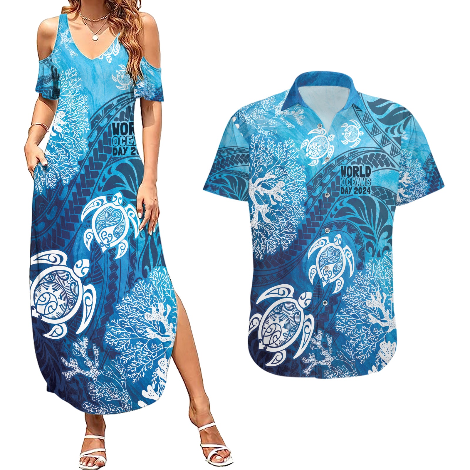 Hawaii World Ocean Day Couples Matching Summer Maxi Dress and Hawaiian Shirt Kakau Turtles