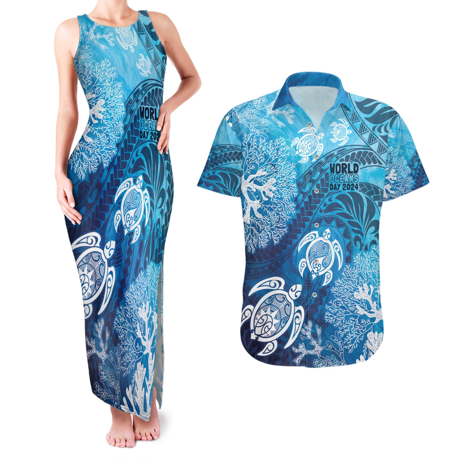 Hawaii World Ocean Day Couples Matching Tank Maxi Dress and Hawaiian Shirt Kakau Turtles