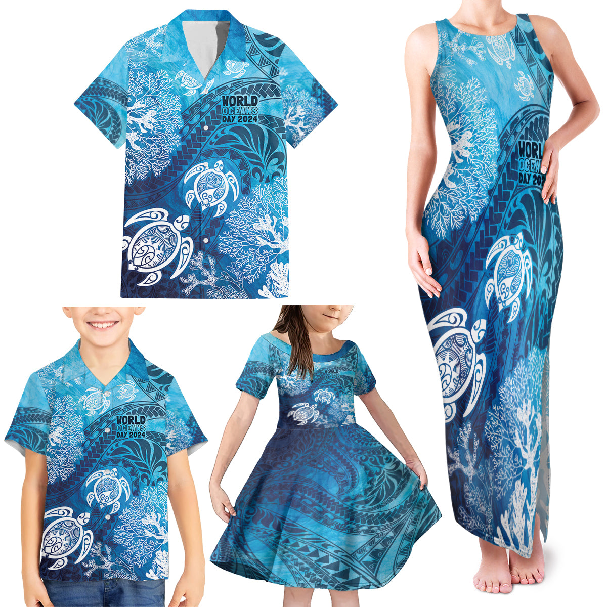 Hawaii World Ocean Day Family Matching Tank Maxi Dress and Hawaiian Shirt Kakau Turtles