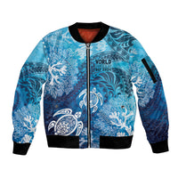 Hawaii World Ocean Day Sleeve Zip Bomber Jacket Kakau Turtles
