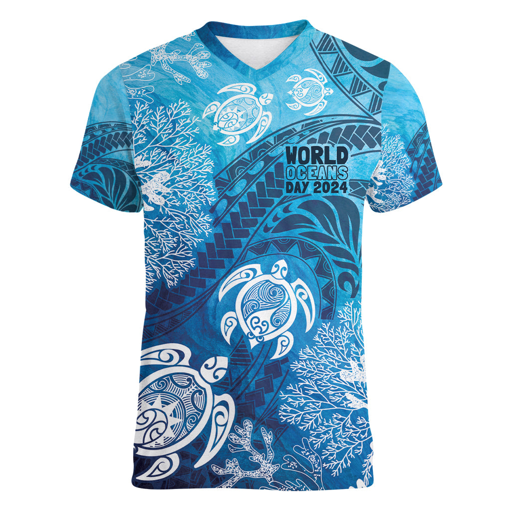 Hawaii World Ocean Day Women V-Neck T-Shirt Kakau Turtles