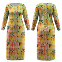 Aloha Hawaii Palaka Print Mango Plumeria Couples Matching Long Sleeve Bodycon Dress and Long Sleeve Button Shirt Tropical Vibes