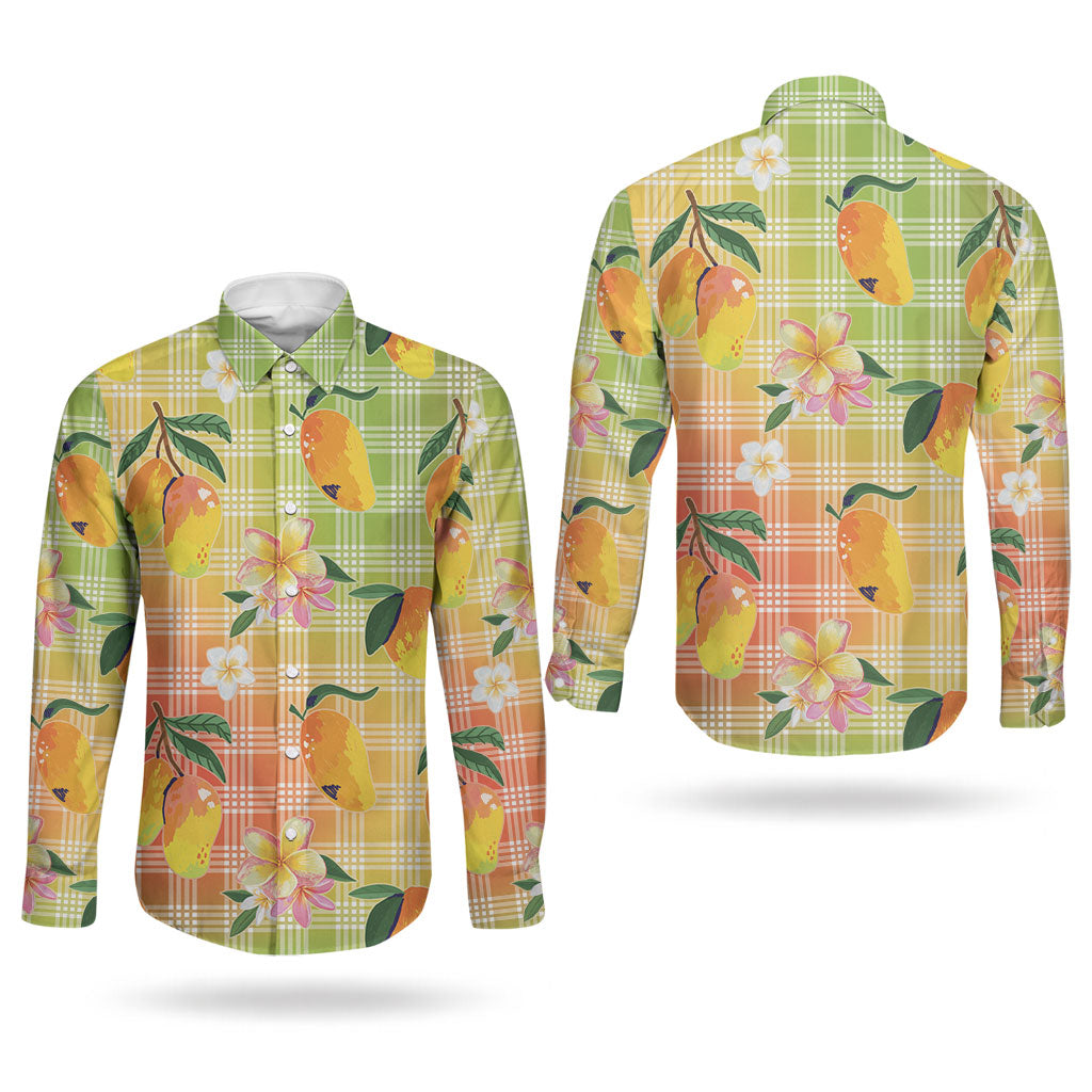 Aloha Hawaii Palaka Print Mango Plumeria Couples Matching Off The Shoulder Long Sleeve Dress and Long Sleeve Button Shirt Tropical Vibes