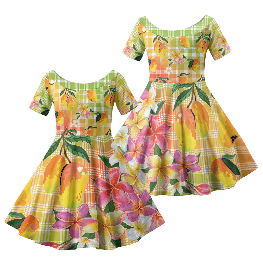 Aloha Hawaii Palaka Print Mango Plumeria Family Matching Long Sleeve Bodycon Dress and Hawaiian Shirt Tropical Vibes