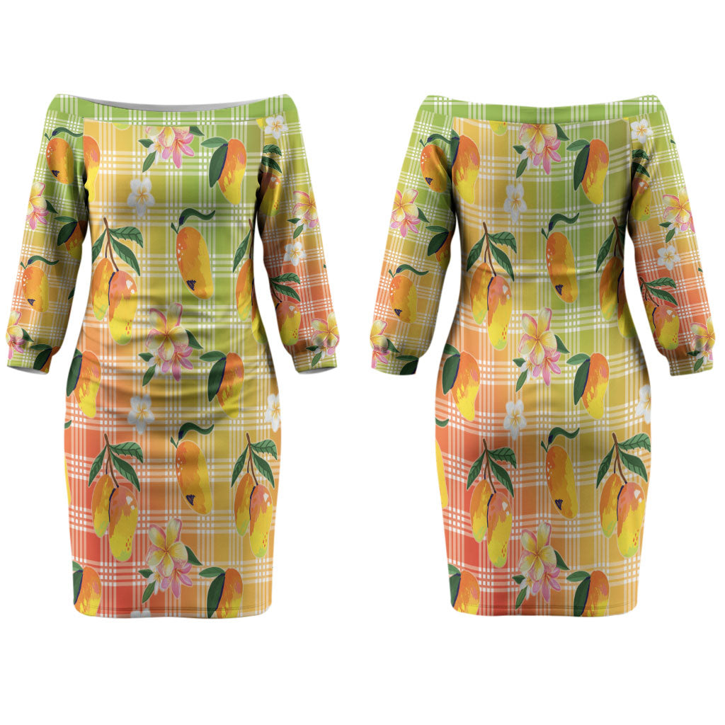 Aloha Hawaii Palaka Print Mango Plumeria Family Matching Off The Shoulder Long Sleeve Dress and Hawaiian Shirt Tropical Vibes