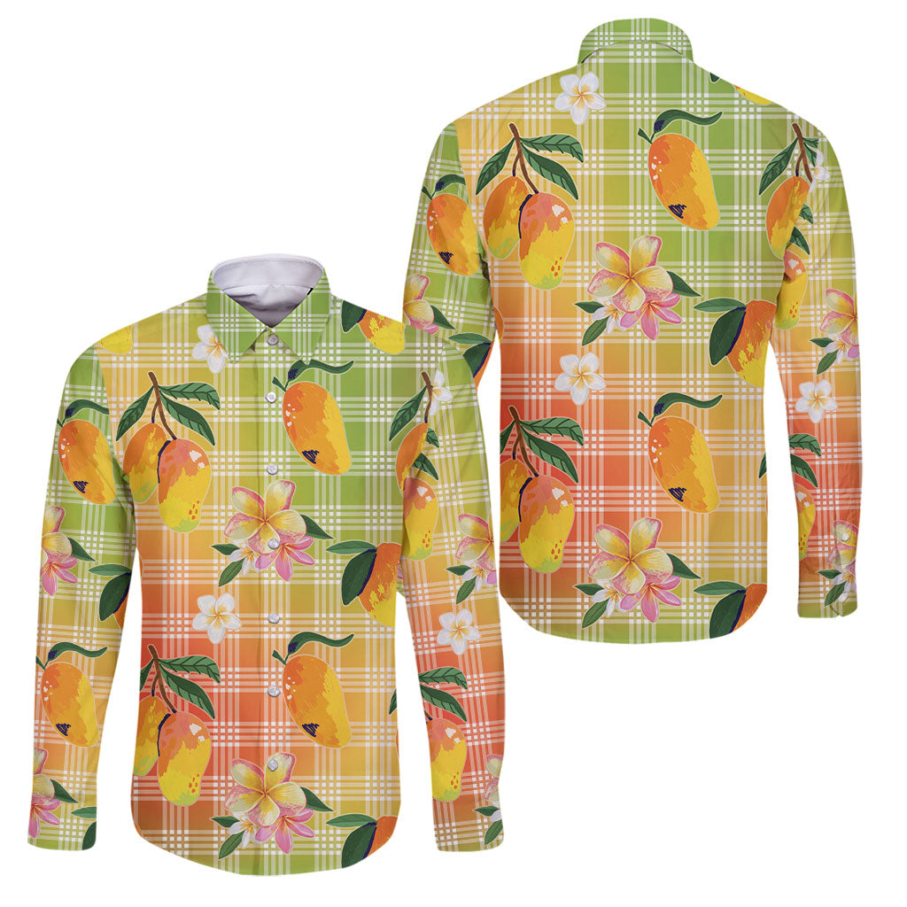 Aloha Hawaii Palaka Print Mango Plumeria Family Matching Off The Shoulder Long Sleeve Dress and Hawaiian Shirt Tropical Vibes