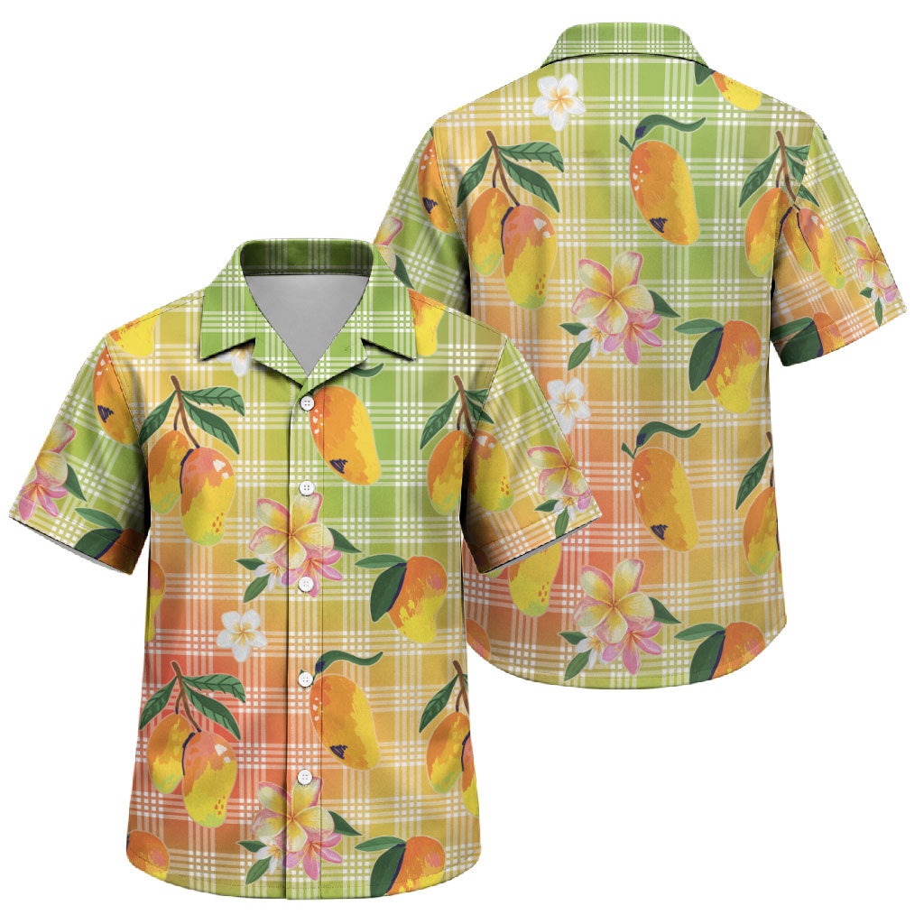 Aloha Hawaii Palaka Print Mango Plumeria Family Matching Off The Shoulder Long Sleeve Dress and Hawaiian Shirt Tropical Vibes