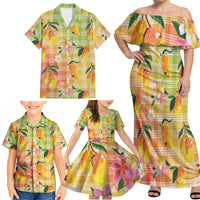 Aloha Hawaii Palaka Print Mango Plumeria Family Matching Off Shoulder Maxi Dress and Hawaiian Shirt Tropical Vibes