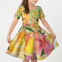Aloha Hawaii Palaka Print Mango Plumeria Kid Short Sleeve Dress Tropical Vibes