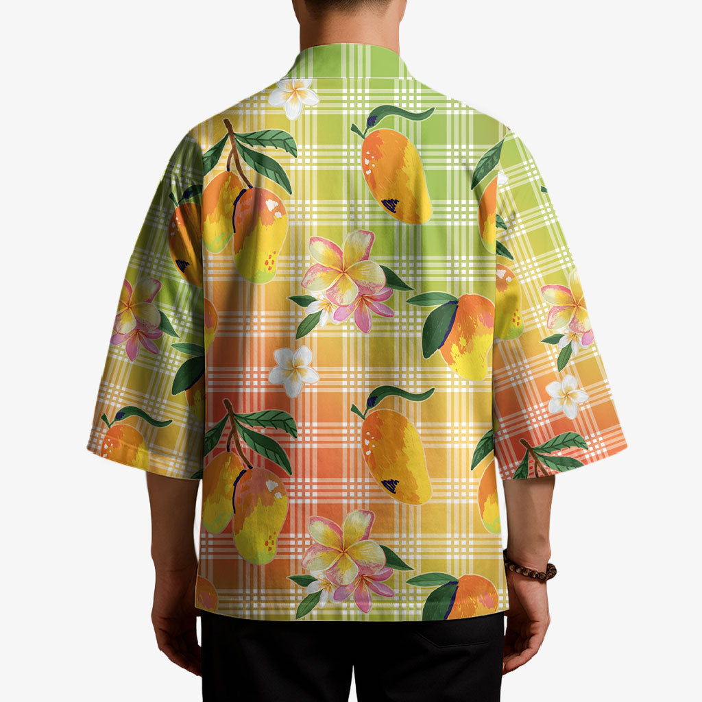 Aloha Hawaii Palaka Print Mango Plumeria Kimono Tropical Vibes