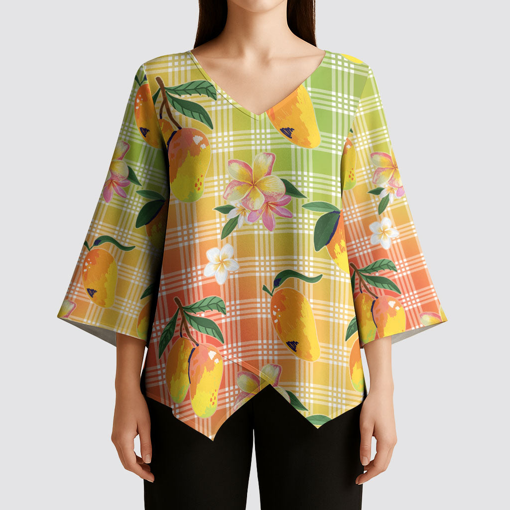 Aloha Hawaii Palaka Print Mango Plumeria Kimono Sleeve Blouse Tropical Vibes