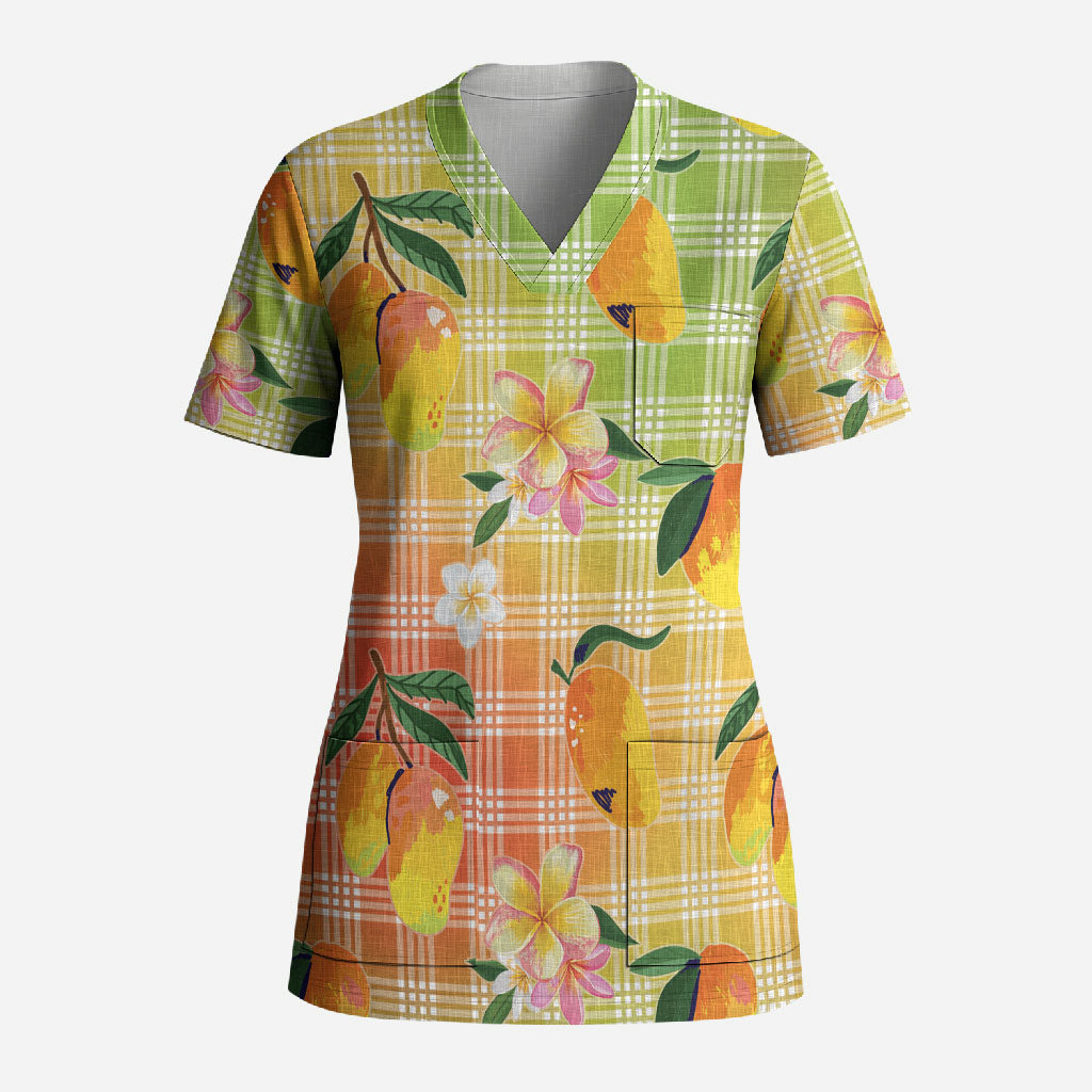 Aloha Hawaii Palaka Print Mango Plumeria Scrub Top Tropical Vibes
