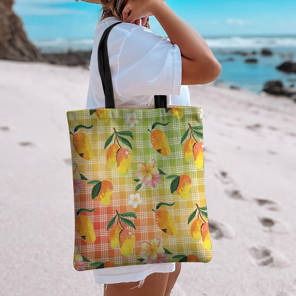 Aloha Hawaii Palaka Print Mango Plumeria Tote Bag Tropical Vibes