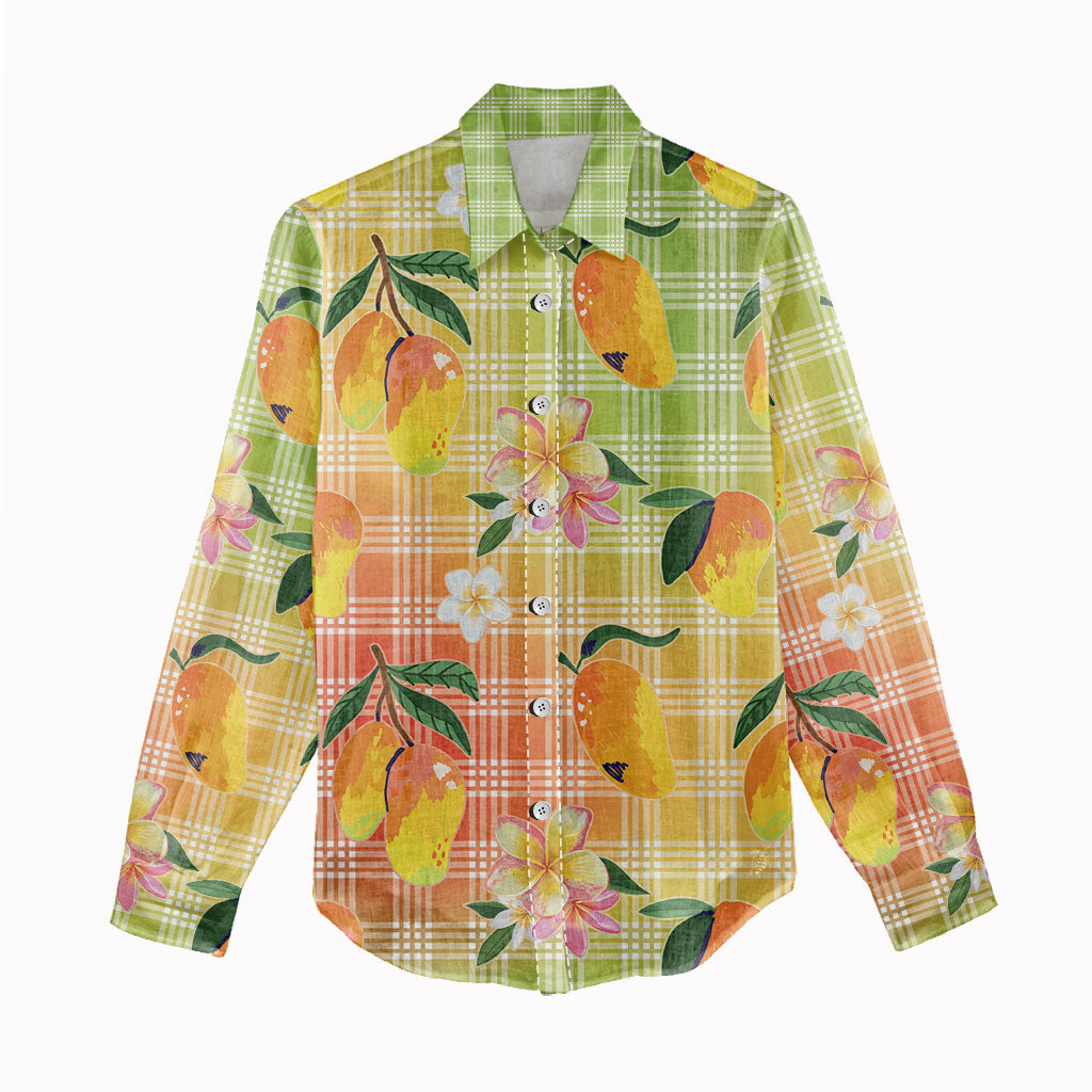Aloha Hawaii Palaka Print Mango Plumeria Women Casual Shirt Tropical Vibes