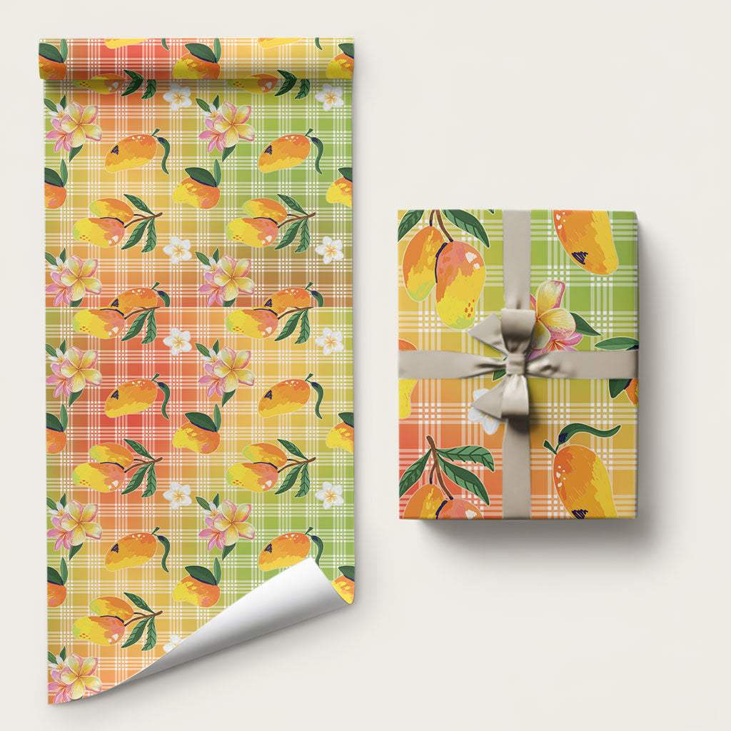 Aloha Hawaii Palaka Print Mango Plumeria Wrapping Paper Tropical Vibes