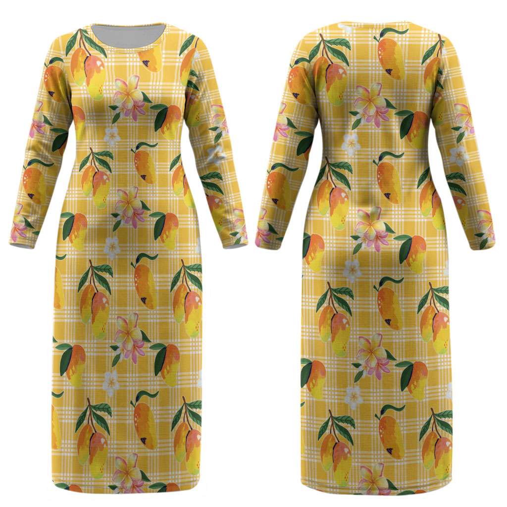 Aloha Hawaii Palaka Print Mango Plumeria Couples Matching Long Sleeve Bodycon Dress and Long Sleeve Button Shirt Fresh Lemon