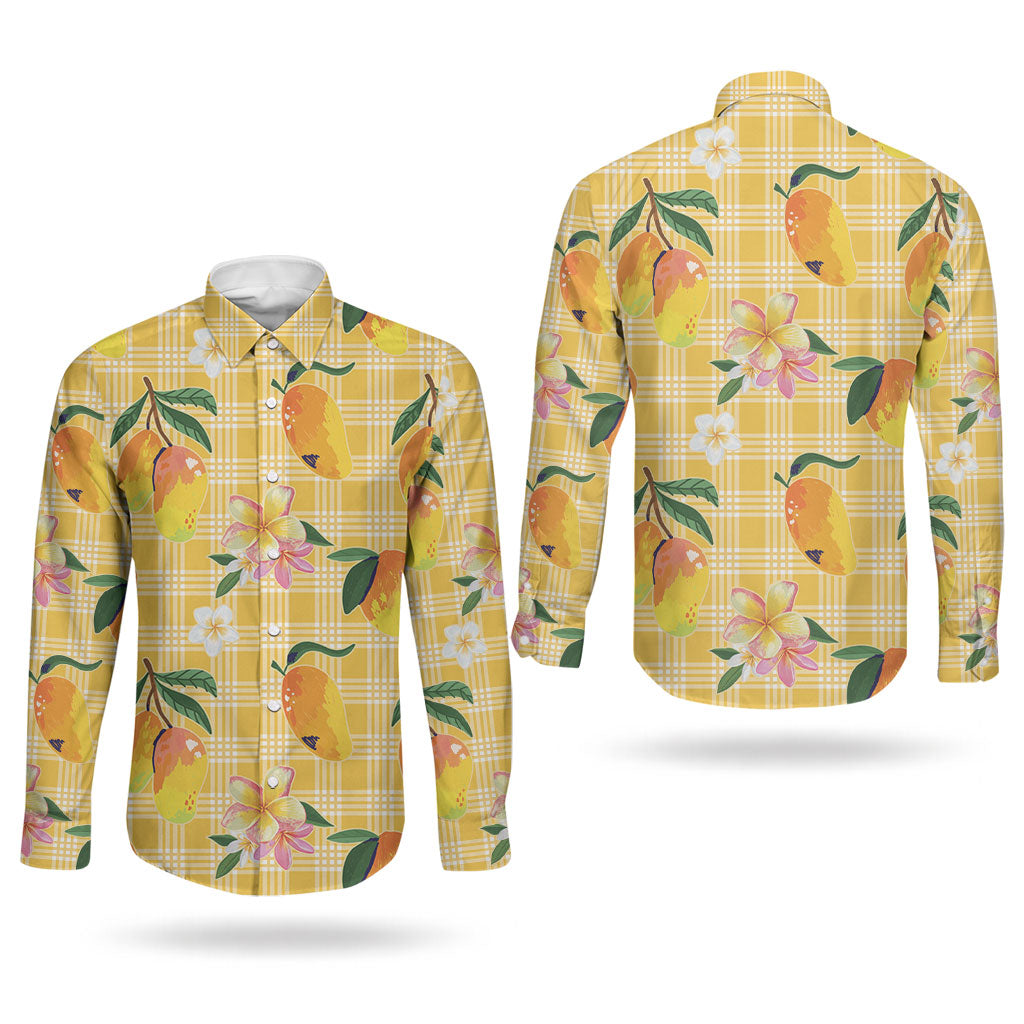 Aloha Hawaii Palaka Print Mango Plumeria Couples Matching Off Shoulder Short Dress and Long Sleeve Button Shirt Fresh Lemon