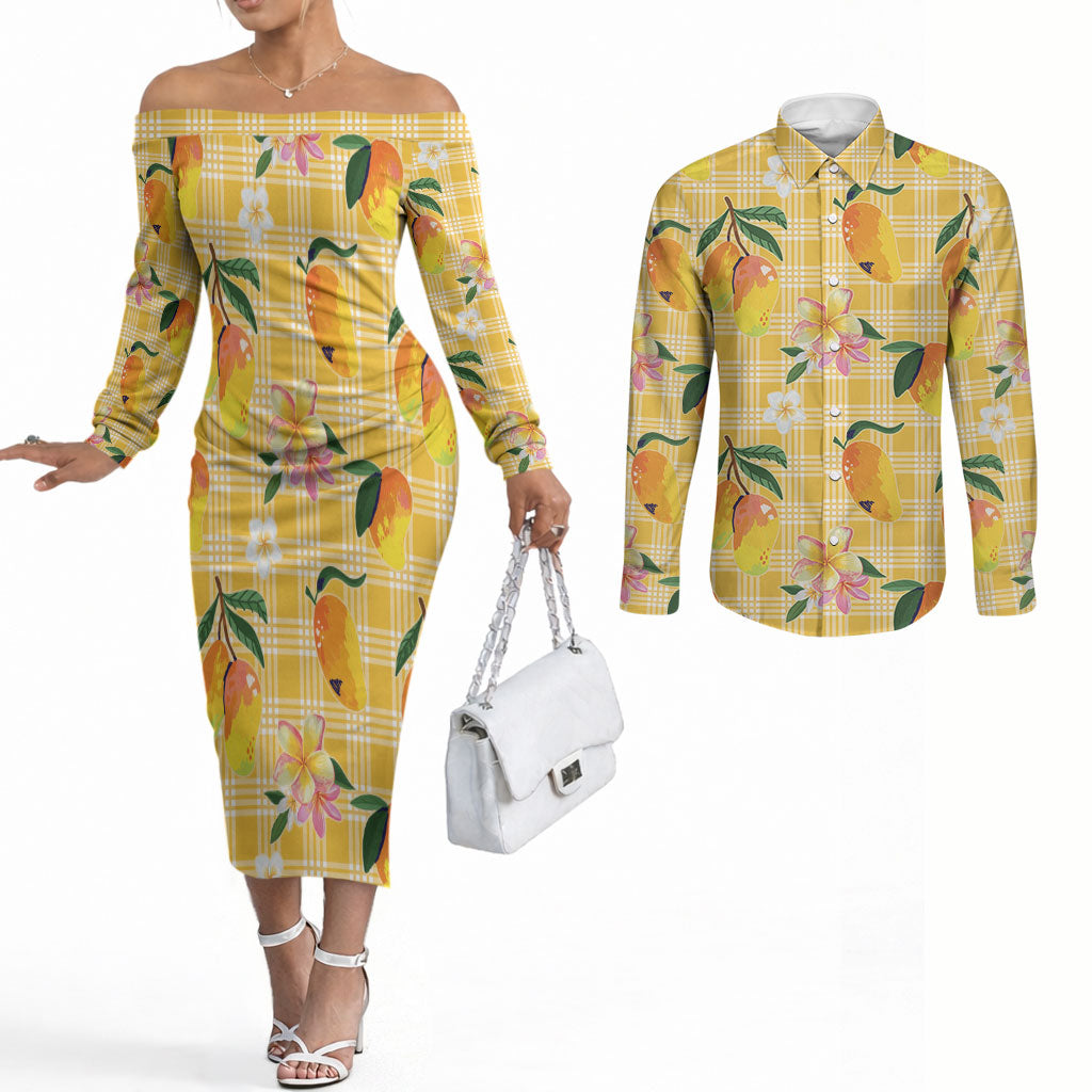 Aloha Hawaii Palaka Print Mango Plumeria Couples Matching Off The Shoulder Long Sleeve Dress and Long Sleeve Button Shirt Fresh Lemon