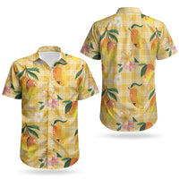 Aloha Hawaii Palaka Print Mango Plumeria Couples Matching Short Sleeve Bodycon Dress and Hawaiian Shirt Fresh Lemon