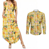 Aloha Hawaii Palaka Print Mango Plumeria Couples Matching Summer Maxi Dress and Long Sleeve Button Shirt Fresh Lemon