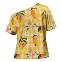 Aloha Hawaii Palaka Print Mango Plumeria Cross Shoulder Shirt Fresh Lemon
