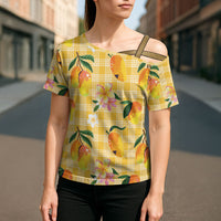 Aloha Hawaii Palaka Print Mango Plumeria Cross Shoulder Shirt Fresh Lemon